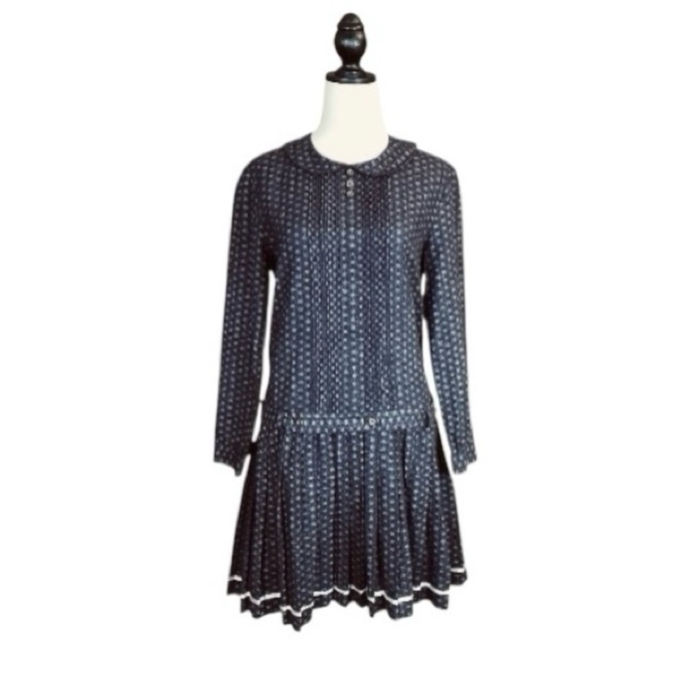 Vintage Dear Creatures Navy Mod Peter Pan Collar Drop Waist Pleated Dress Size M